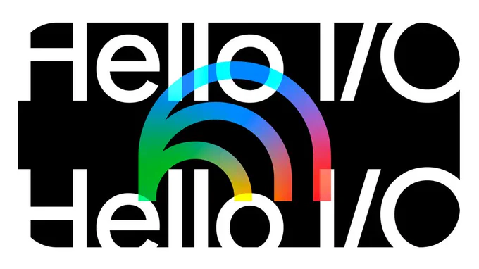 "Hello I/O" text repeated in white above and below a central, rainbow-colored triple-arc graphic.