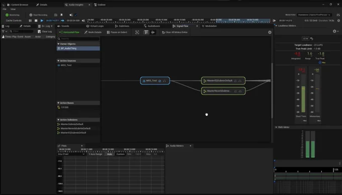 Audio Insights preview in Unreal Engine 5.8 preview, from video walkthrough by The Sound FX Guy on YouTube. Shows node-based editor, metering, inside the IDE for UE.