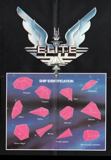 The Ship Identification Chart, as included in the Acornsoft versions of Elite. A total of 7 ships were shown, plus other objects found in the game.