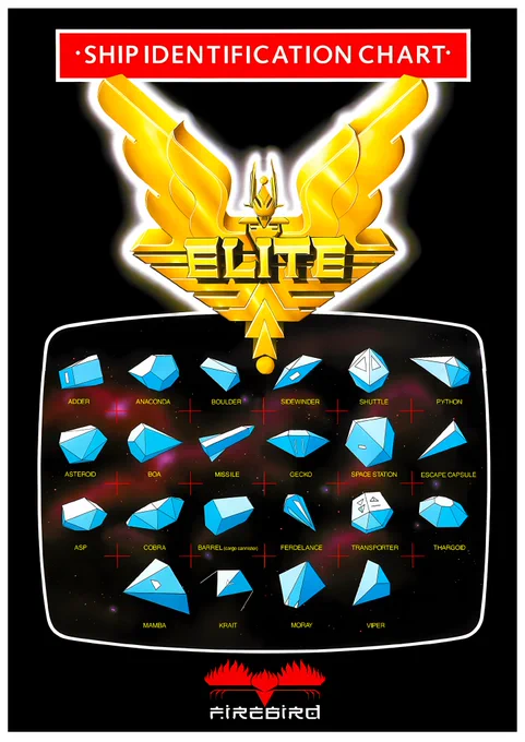 The Ship Identification Chart, as included in the Firebird versions of Elite. A total of 16 ships were shown, plus other objects found in the game.
