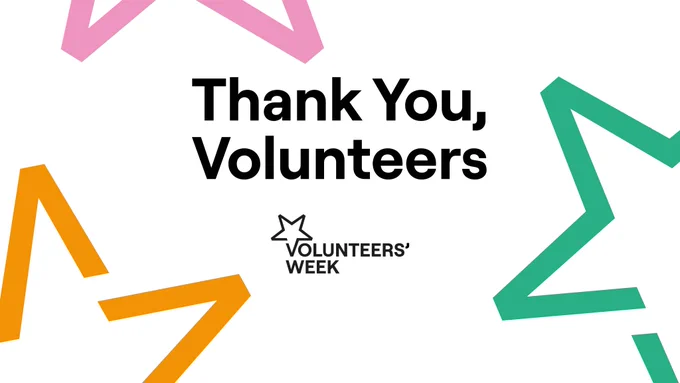 A graphic with colourful stars and the text "Thank You, Volunteers" and the Volunteers' Week logo.
