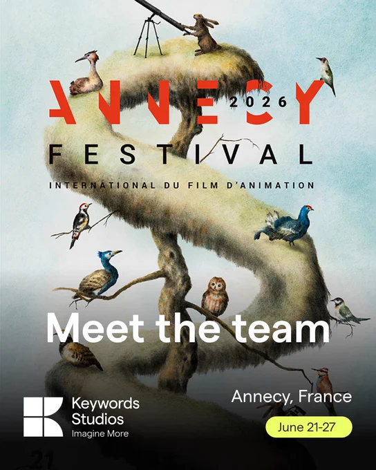 Official Annecy Festival poster. The text overlay reads: Meet the Keywords Studios team from June 21 to 27 in Annecy, France.