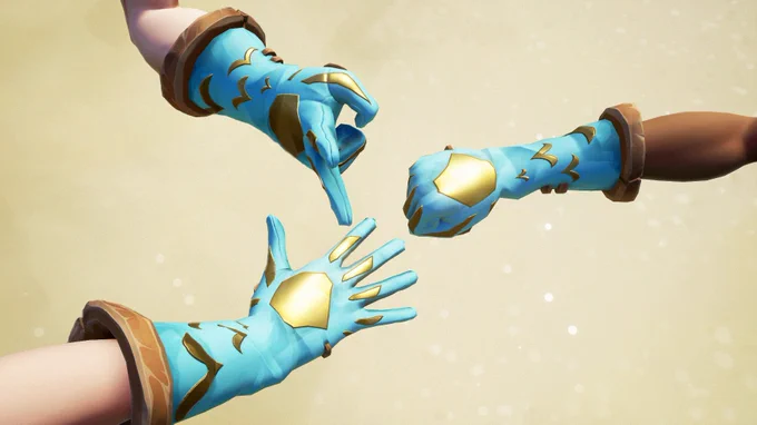 A screenshot of Sea of Thieves showing three hands wearing blue gloves with gold accents, all involved in a game of rock, paper, scissors.