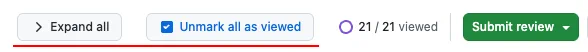 A set of buttons added on Github by a vibe coded extensions that allow to expand all files or mark them all as viewed.