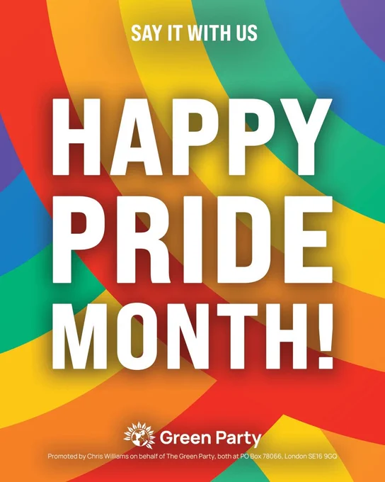 A graphic with a rainbow coloured background that reads: Say it with us. Happy Pride Month!