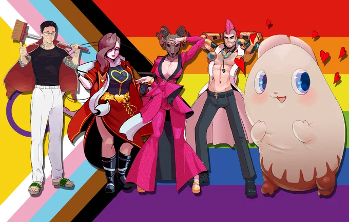 Michi and Pinky from Promise Mascot Agency and Lady Love Dies, Doctor Doom Jazz and Crimson Acid from Paradise Killer in front of the LGBTQIA  flag for Pride Month.