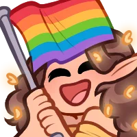an emote of chloe's vtuber character (a brunette elf with yellow butterflies in her hair) holding a rainbow pride flag