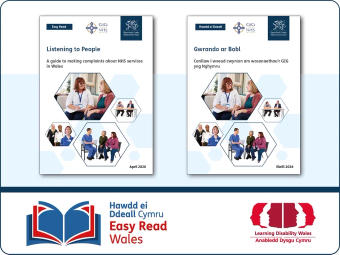 Front covers in English and Welsh of Easy Read Listening to People- A guide to making complaints about NHS services in Wales.