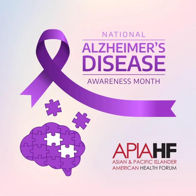 Graphic for National Alzheimer's Disease Awareness Month, with a purple Alzheimer's ribbon and a graphic of a brain made of puzzle pieces with some pieces missing.