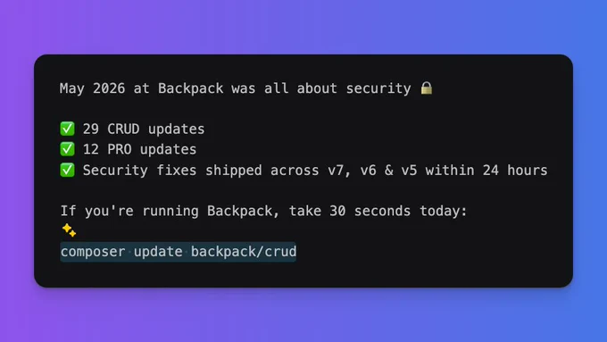Updates for May 2026 highlight 29 CRUD and 12 PRO updates for Backpack, emphasizing immediate security fixes across versions.