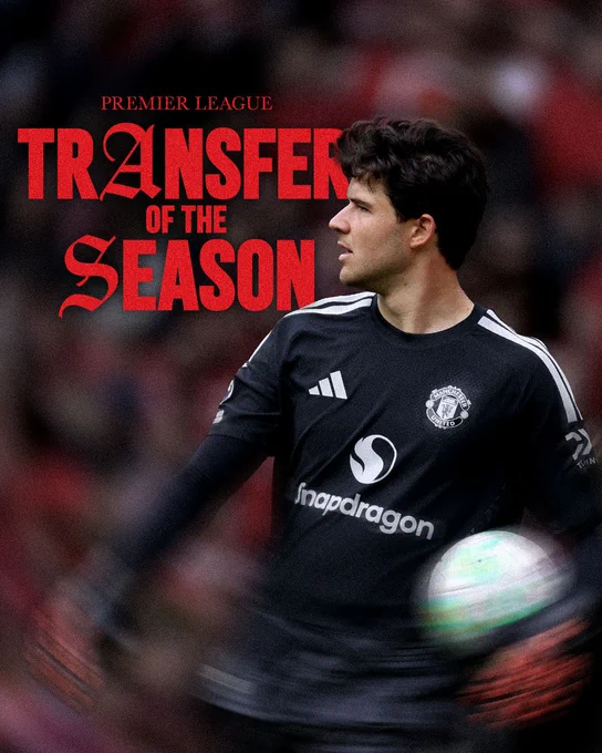 Senne Lammens in black kit holding a football during a Premier League match with 'Transfer of the Season' text overlay.