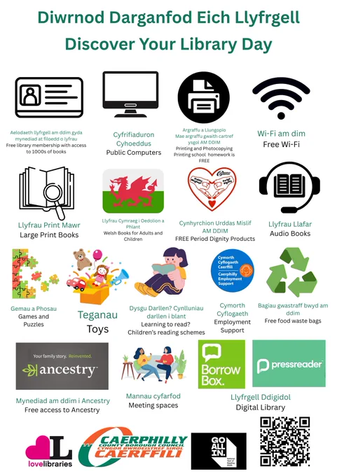 Poster highlighting what you can get through your local library from books, computers, free wi-fi, audiobooks, games...etc.

Poster yn tynnu sylw at yr hyn y gallwch ei gael trwy eich llyfrgell leol o lyfrau, cyfrifiaduron, wi-fi am ddim, llyfrau sain, gemau...ac ati.