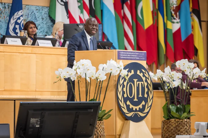 ILO Director-General, Gilbert F. Houngbo, addresses government, employer and worker delegates during the opening of the 2026 International Labour Conference. Photos: ILO.