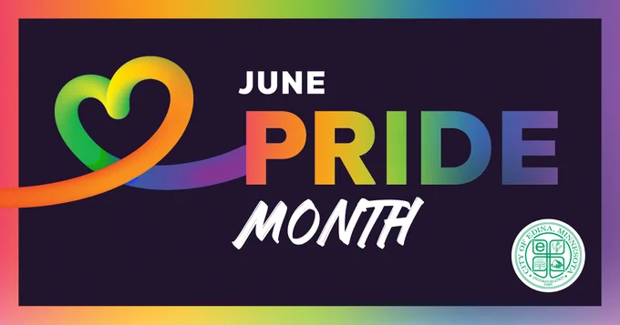 Graphic reading “June Pride Month” with “Pride” in rainbow lettering and a rainbow heart. The City of Edina logo is in the lower right corner.