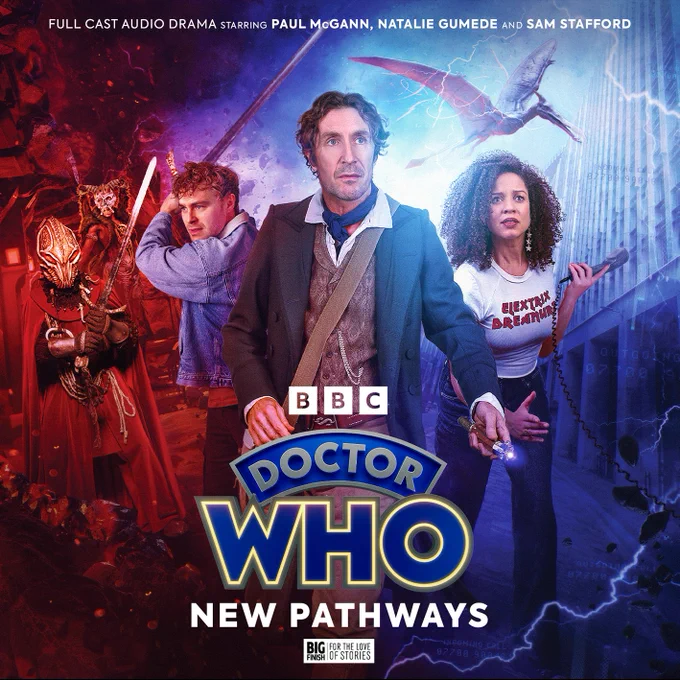 Sean Longmore's cover artwork for Doctor Who: New Pathways, featuring the Eighth Doctor (holding the sonic screwdriver), Chase  (holding a phone receiver) and Alfie (holding a large sword). Behind them, on the left, are Sycorax and, on the right, a Vortisaur flying past an office block on a street.