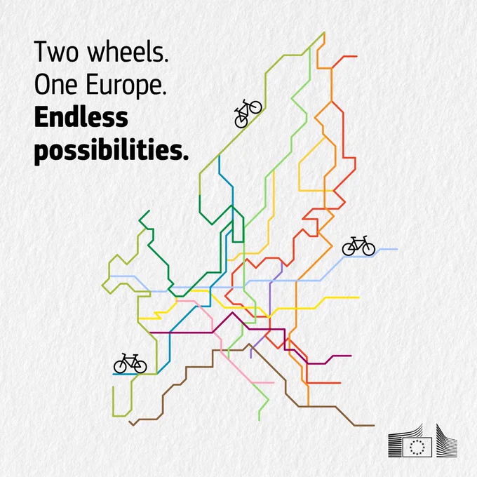 Various interconnected, multi-coloured lines representing a map of EuroVelo bike routes in Europe. There are three bicycle icons placed along the routes. On the left side, the text reads: 'Two wheels. One Europe. Endless possibilities.’ The is a European Commission logo in the bottom right corner.  