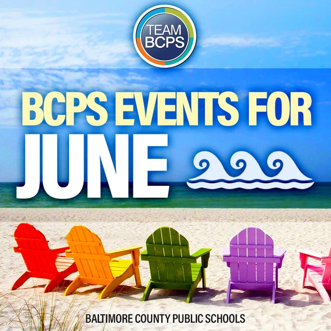 Colorful Adirondack chairs lined up on a sandy beach with ocean waves and a clear blue sky in the background, promoting BCPS June events.