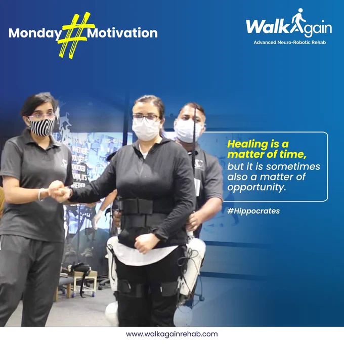 Patient undergoing robotic gait training with an exoskeleton during neuro-rehabilitation therapy, assisted by therapists at Walk Again Rehab. Advanced neuro-robotic rehabilitation helping improve mobility, recovery, balance, and independence after neurological injury.