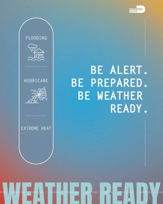 Blue-orange background. Left panel: 'FLOODING' (house, rain icon), 'HURRICANE' (windy palm tree icon), 'EXTREME HEAT'. Right: 'BE ALERT. BE PREPARED. BE WEATHER READY.' Miami-Dade County logo at top right. Bottom: large 'WEATHER READY' text & smaller repeating warnings.
