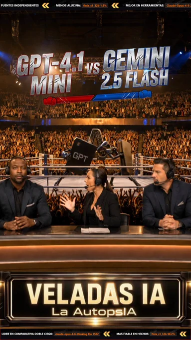 tres comentaristas analizan un combate de boxeo entre personajes que representan a las IAs GPT-4.1 Mini y Gemini 2.5 Flash en un estadio lleno, bajo el título "Veladas IA: La AutopsIA".