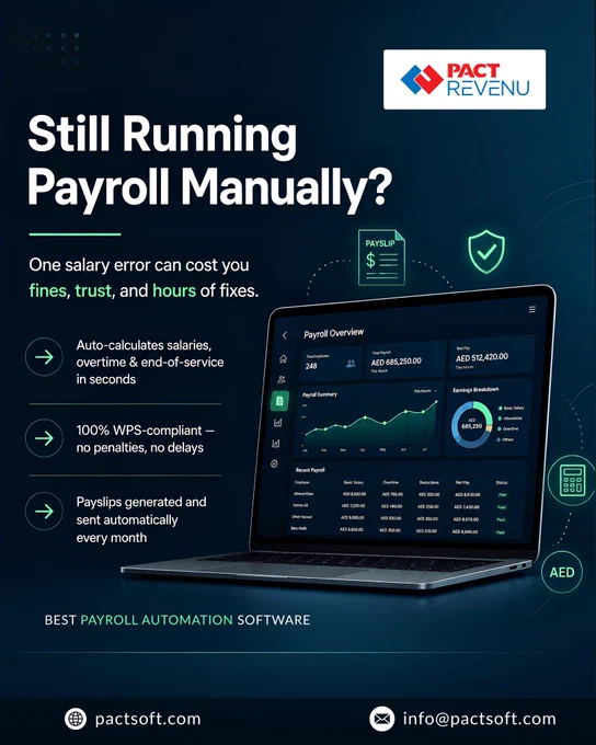 PACT REVENU Payroll Automation Software promotional graphic featuring a payroll dashboard on a laptop screen. The image highlights the risks of manual payroll processing and showcases automated salary calculations, overtime management, end-of-service benefits, WPS compliance, and automatic payslip generation. The dashboard displays payroll summaries, employee payment data, and payroll analytics. The design uses a modern dark blue theme with payroll, security, and finance icons, emphasizing efficiency, accuracy, compliance, and streamlined HR operations for businesses in the UAE. Contact details and website information are displayed at the bottom. Ideal for searches related to payroll software, payroll automation, HRMS software, WPS-compliant payroll systems, employee payroll management, and business process automation.