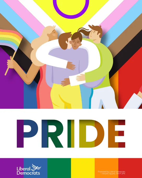 Illustrated Liberal Democrats Pride Month graphic showing a diverse group of people embracing in a group hug in front of Progress Pride flags. 

One person holds a Progress Pride flag, while the word “PRIDE” appears prominently across the centre in rainbow-coloured lettering.