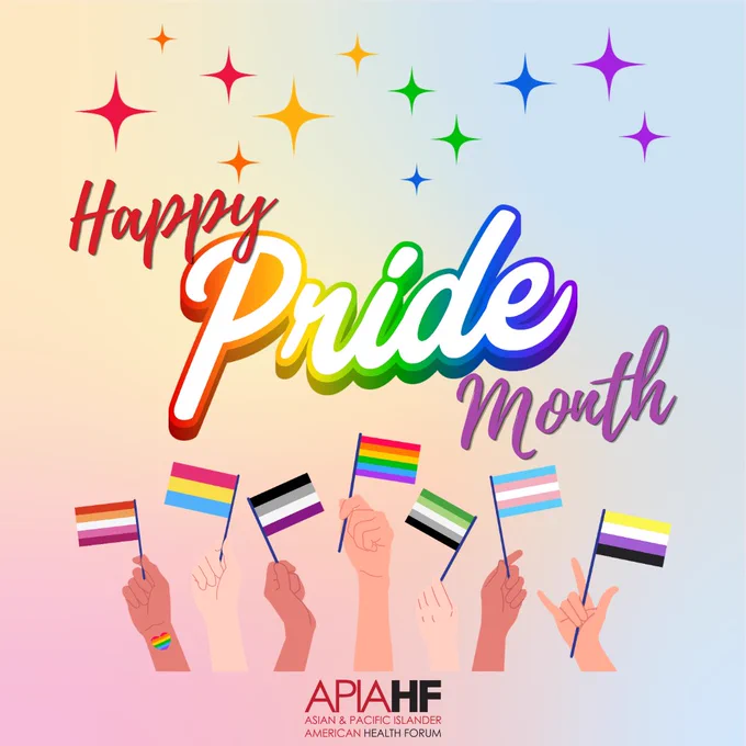 Pride Month graphic with diverse hands holding up different pride flags, under the text "Happy Pride Month"