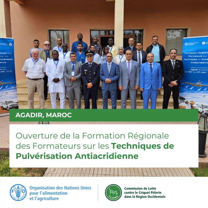 Photo de groupe des participants à la Formation Régionale des Formateurs sur les Techniques de Pulvérisation antiacridienne, Agadir (Maroc), 1er - 7 juin 2026.