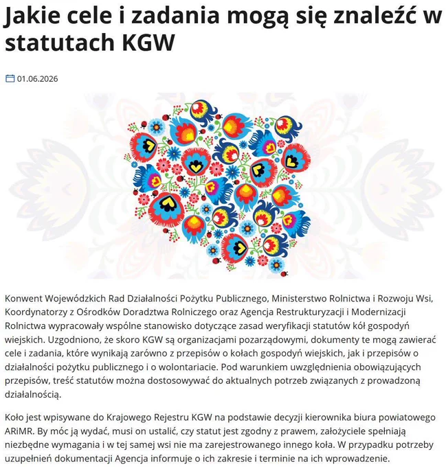 Zrzut ekranu, który pokazuje komunikat opublikowany na stronie internetowej Agencji Restrukturyzacji i Modernizacji Rolnictwa. Pośrodku widoczna symboliczna grafika: kształt mapy Polski złożony z ludowych wzorów. 