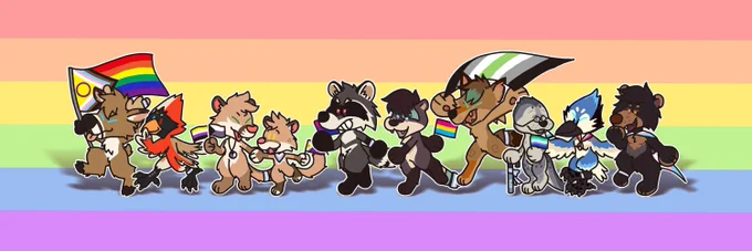 (Art by Bacon Yuan) In order, marching with pride flags: Copley the deer, Roxbury the cardinal, Quincy the mountain lion, Alcott the mountain lion, Sumner the raccoon, Emmy the otter, Gardner the coyote, Zakim the harbor seal, Fani the blue jay and Otis the bear.