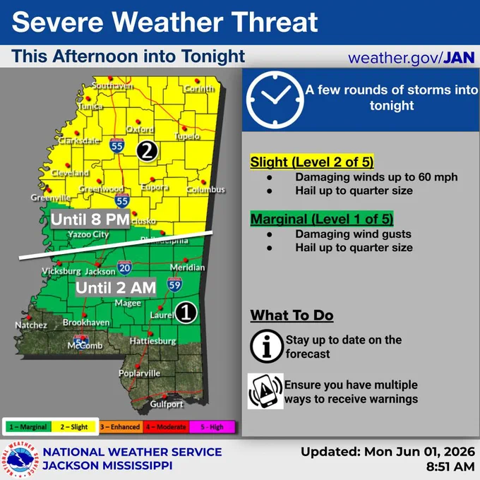 The National Weather Service has issued a slight risk for severe storms for parts of the state this afternoon into tonight (6/1/26). Mississippi could see:

⛈Severe storms
🌬Damaging winds
☄Hail up to a quarter size

Follow your local meteorologist for the latest on the forecast in your area.