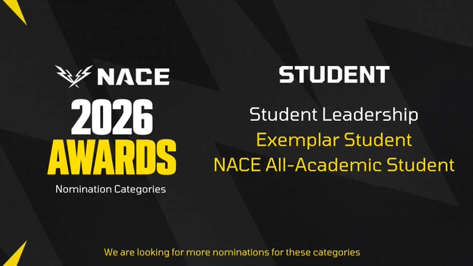 NACE 2026 Awards Nomination Category: Student
Student Leadership
Exemplar Student
NACE All-Academic Student

We are looking for more nomations for Exemplar Student & NACE All-Academic Student