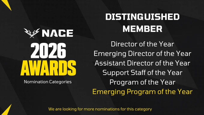 NACE 2026 Awards Nomination Categories: Distinguished Member
Director of the Year
Emerging Director of the Year
Assistant Director of the Year
Support Staff of the Year
Program of the Year
Emerging Program of the Year

We are looking for more nominations for Emerging Program of the Year