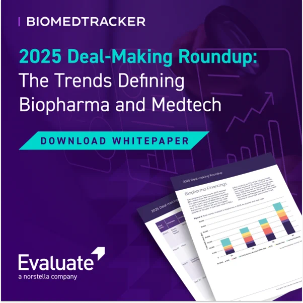 Promotional graphic for a whitepaper on 2025 biopharma and medtech deal-making trends. Includes charts and download button.