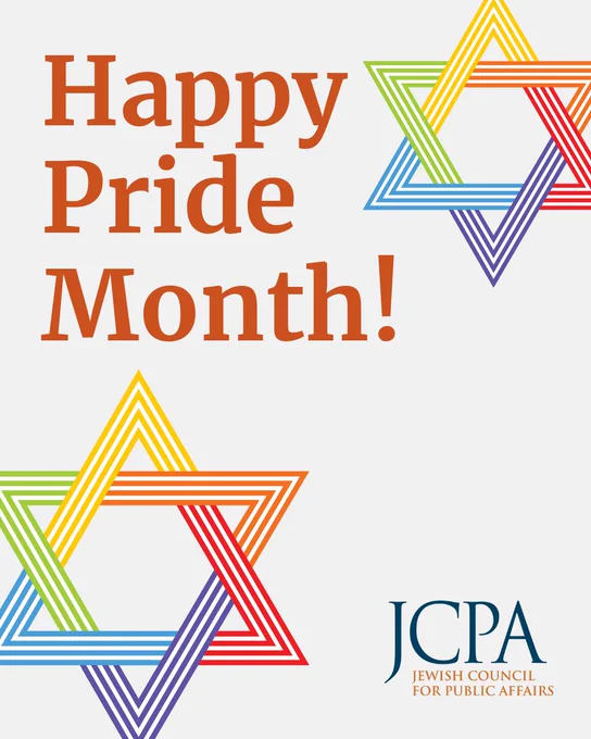 Pride Month graphic featuring the message “Happy Pride Month!” in large orange text on a light gray background. Two rainbow-colored Stars of David appear in opposite corners, incorporating the colors of the Pride flag. JCPA branding is displayed in the lower right corner. The design celebrates both Jewish identity and LGBTQ  pride.