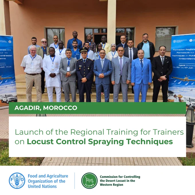 Group photo of participants at the Regional Training of Trainers on Desert Locust Spraying Techniques, Agadir (Morocco), 1-7 June 2026.
