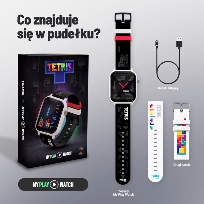 Bia\u0142y smartwatch MYPLAY WATCH z prostok\u0105tn\u0105 tarcz\u0105, na kt\u00F3rej jako znaczniki godzin widniej\u0105 kolorowe klocki Tetrisa (tetromino), bia\u0142e wskaz\u00F3wki oraz logo \u201ETETRIS\u201D tu\u017C pod wskaz\u00F3wkami. W prawym g\u00F3rnym rogu widnieje  kolorowe logo \u201ETETRIS\u201D na klocku Tetrimino \"T\". Napis w lewym g\u00F3rnym rogu: \u201ECzas retro\u201D oraz \u201EZegarek, kt\u00F3ry \u0142\u0105czy nostalgi\u0119 z niezb\u0119dn\u0105 technologi\u0105\u201D.