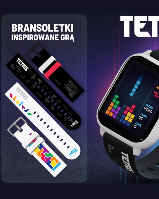 Lewa strona: Dwie, rozdzielone bransolety do zegarka inspirowane gr\u0105 Tetris (czarna z logo i dwoma kolorowymi paskami oraz bia\u0142a z logo i kolorowymi klockami, wszystkie z napisem \u201EEST 1984\u201D). Prawa strona: smartwatch, na kt\u00F3rym wy\u015Bwietla si\u0119 gra Tetris. Na ekranie widnieje wynik 44550, poziom 08, 19 wyeliminowanych rz\u0119d\u00F3w. Napisy: \u201EBRANSOLETKI INSPIROWANE GR\u0104\u201D. Logo \u201ETETRIS\u201D widoczne nad tarcz\u0105 zegarka.