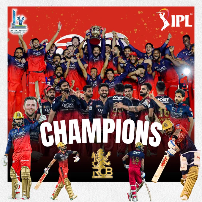 Royal Challengers Bengaluru championship celebration poster with players lifting the IPL trophy and bold champions typography.