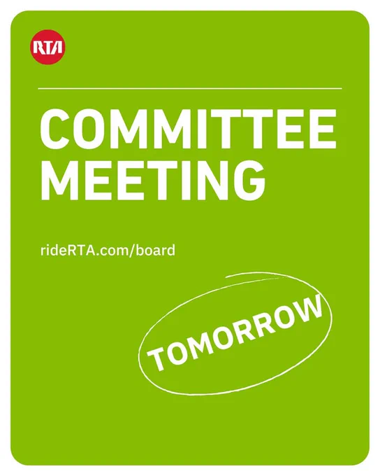 RTA advertisement featuring a green background with text that reads 'COMMITTEE MEETING' and the website 'rideRTA.com/board'. A white oval highlights the word 'TOMORROW'.