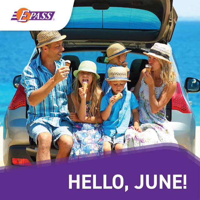 A group of people sit at the back of a car by the beach, enjoying ice cream. They're wearing straw hats and summer clothing. The text "HELLO, JUNE!" is visible, along with the E-PASS logo in the top left corner.