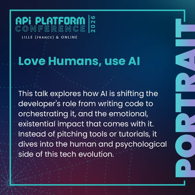 Love Humans, use AI
This talk explores how AI is shifting the developer's role from writing code to orchestrating it, and the emotional, existential impact that comes with it. Instead of pitching tools or tutorials, it dives into the human and psychological side of this tech evolution.