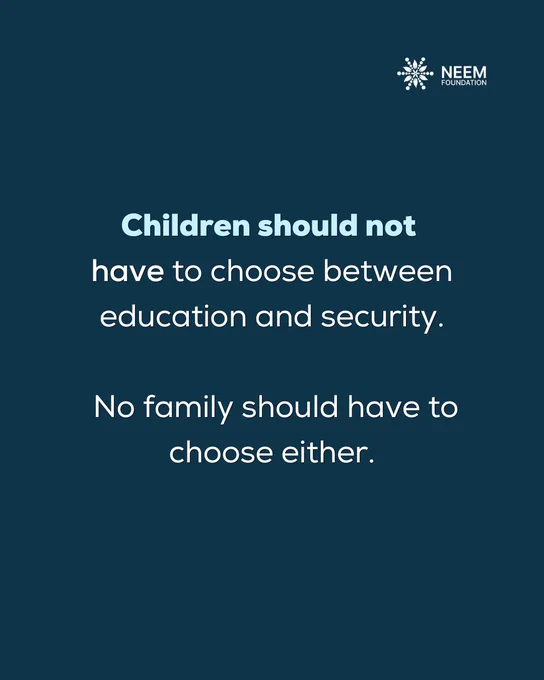 Four-slide Neem Foundation carousel advocating for safe learning environments. The slides emphasize that children should not have to choose between education and safety, that insecurity disrupts learning and affects entire communities, that safety is essential for education, and that teachers deserve protection, dignity, and support.