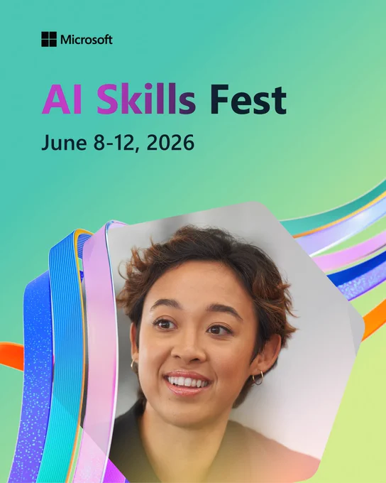 Microsoft AI Skills Fest‑banner med datum 8–12 juni 2026 och ett porträtt inramat av färgglada bandgrafiker.