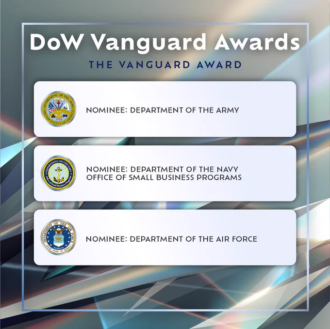 Vanguard Award Nominees: Department of the Army; Department of the Navy, Office of Small Business Programs; Department of the Air Force; Defense Contract Audit Agency (DCAA); and 
Missile Defense Agency (MDA)
