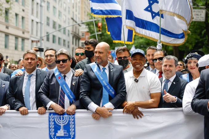 Knesset delegation at the Israel Day Parade (left to right: Consul General of Israel in New York Ofir Akunis; Speaker of the Knesset MK Amir Ohana; former Mayor of New York Eric Adams)
