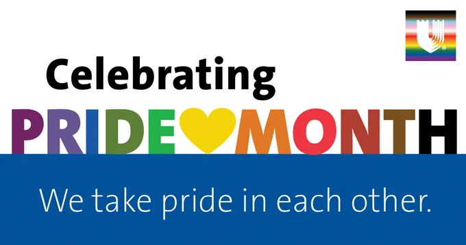 Celebratory text reads "Celebrating PRIDE MONTH" with "PRIDE" in rainbow colors and a yellow heart in place of the "O" in "MONTH". Below, on a blue background, text reads "We take pride in each other." The top right corner features a rainbow-colored Duke Health shield.