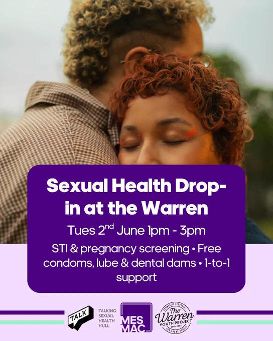 Sexual Health Drop-in at the Warren. Tues 2nd June 1pm-3pm. STI & pregnancy screening. Free condoms, lube & dental dams. 1-to-1 support