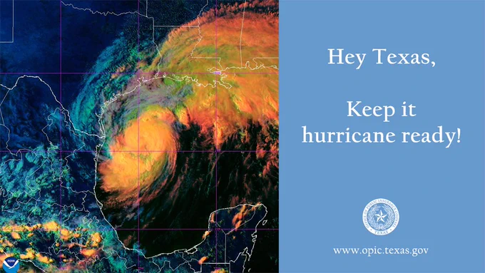 A view from space of a hurricane over the Texas coast and the message to keep it hurricane ready.
