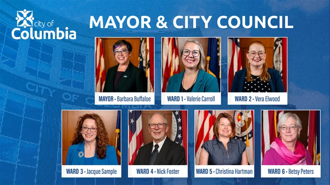 City of Columbia's Mayor and six City Council members shown in official portraits with names and ward designations.